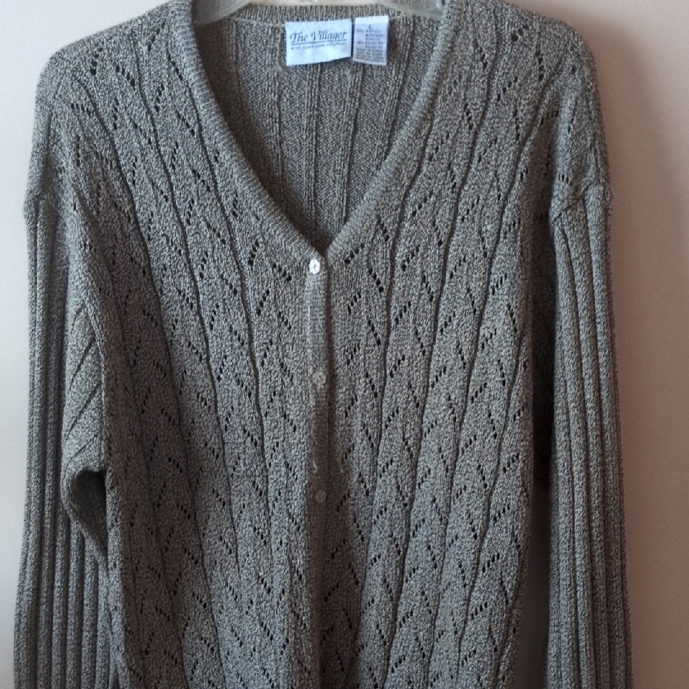 villager Taupe Openwork V-Neck Knit Cardigan. Acrylic/Poly Blend